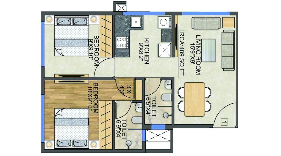 Modis-Rashmi-Signature-Floor-Plan-G21 -2 BHK-489 Sqft